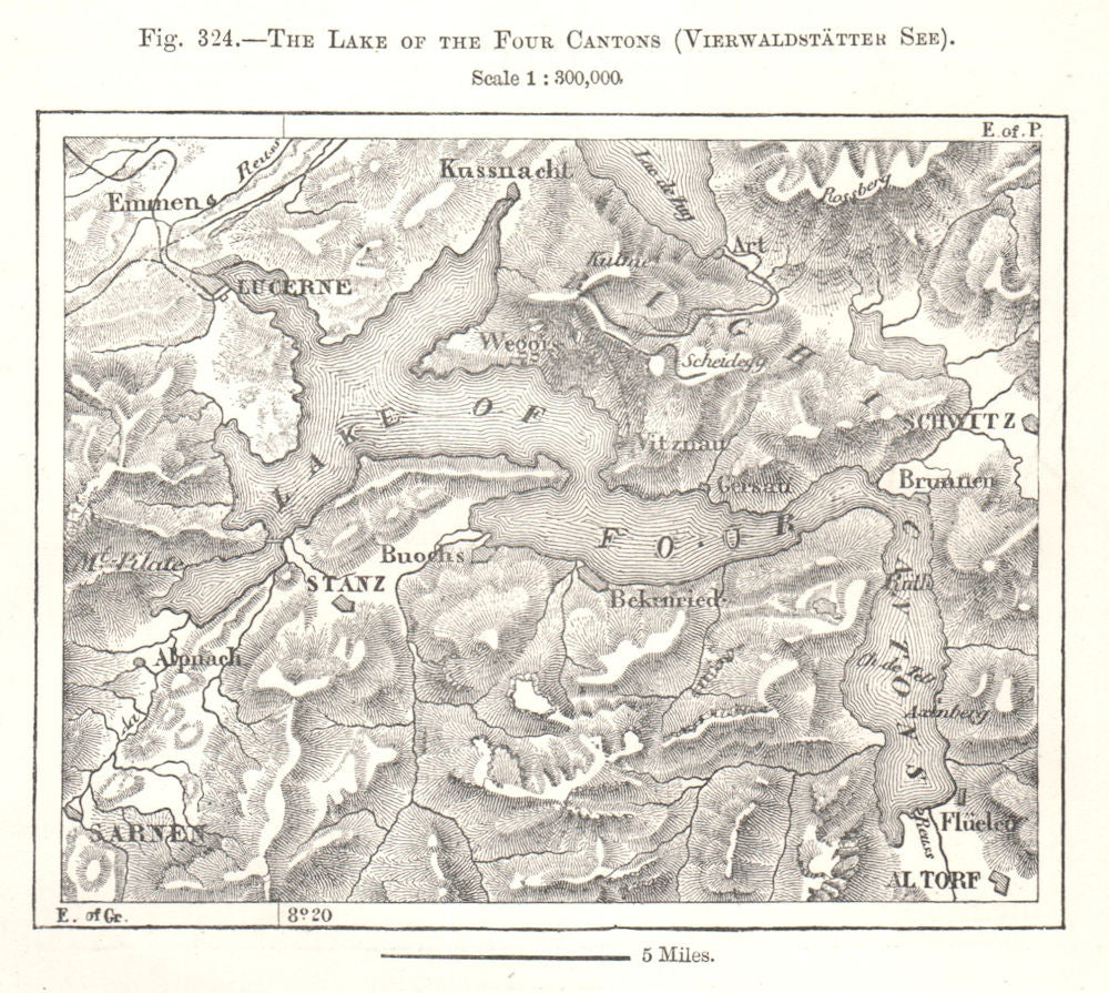 Four Cantons Lake Vierwaldstatter See Lake Lucerne. Switzerland. Sketch map 1885